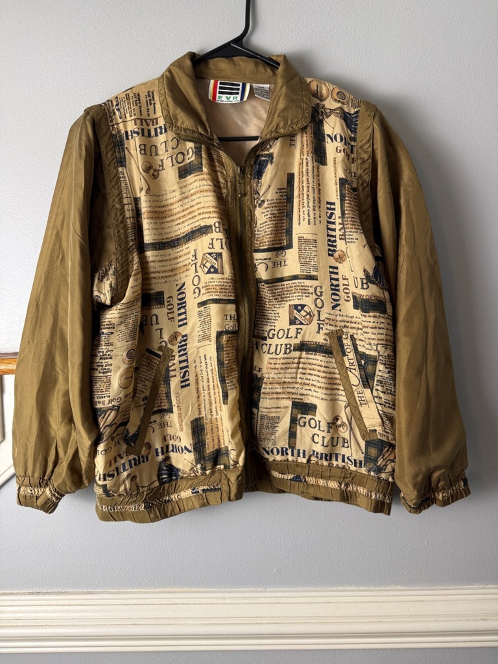 Vintage Newspaper Print Windbreaker Jacket - Tan 100% Silk 80s